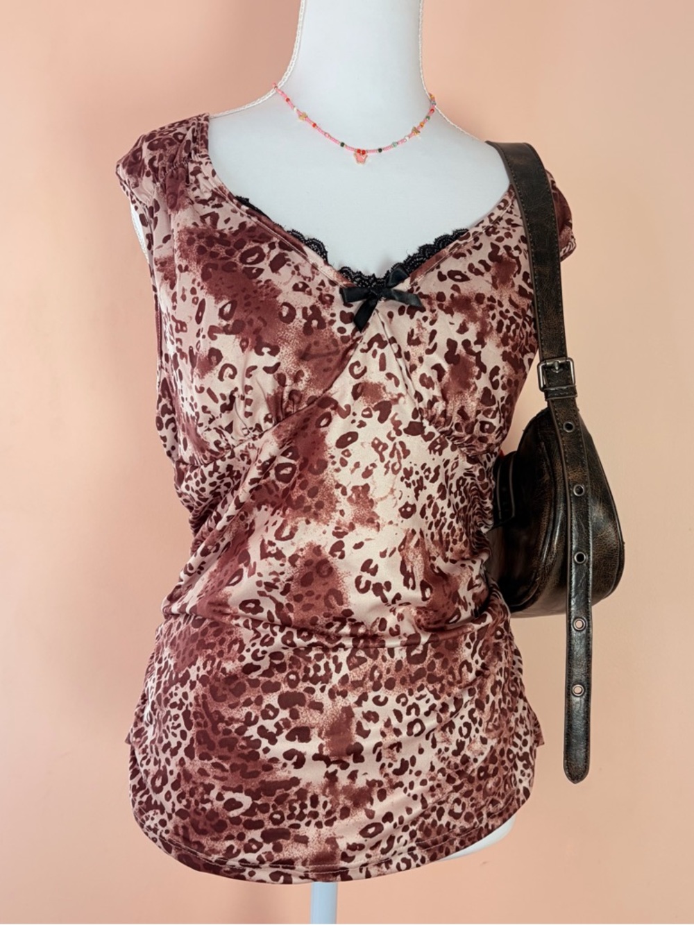 Leopard Print Surplice Tank Top in Brown & Cream - Picture 2 of 6
